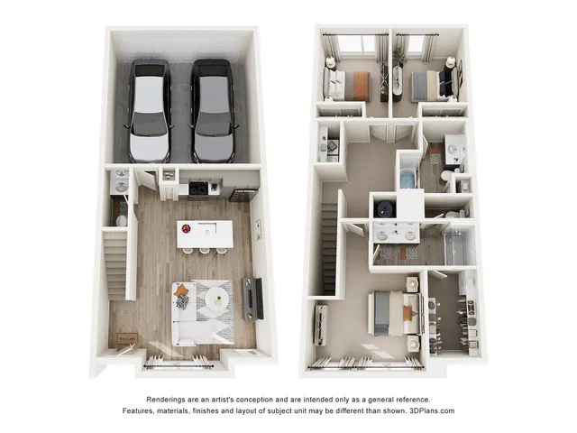 Modern 3D floor plan featuring 2 bedrooms, a spacious living and dining area, and a sleek kitchen with a dual-car garage.