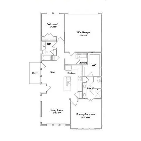 Daisy floor plan displaying 2 bedrooms, 2 baths, kitchen, living room, and 2-car garage, 1531 sqft at Legacy Park.