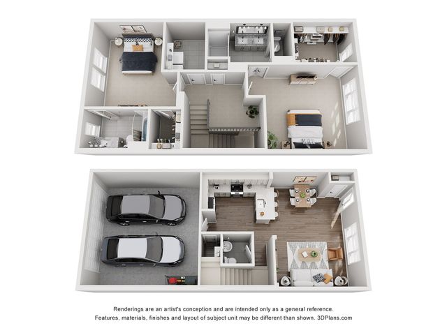 3D rendering of a spacious two-story duplex apartment layout with two bedrooms, living room, kitchen, and garage.