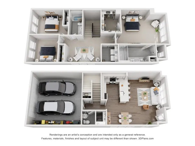 3D floor plan of spacious modern apartment featuring three bedrooms, open-concept living and dining area, and two-car garage.