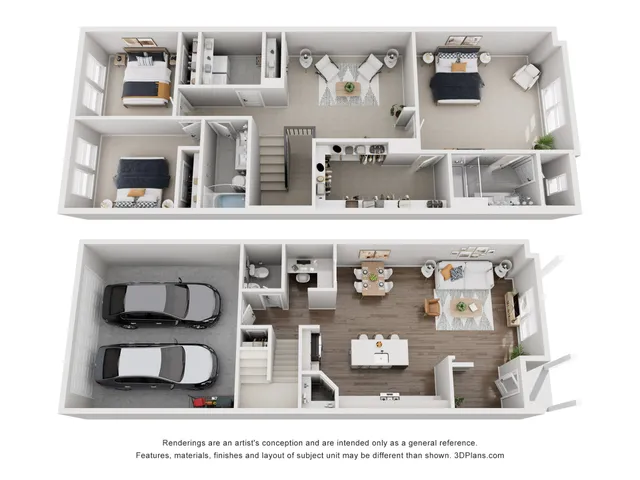 Detailed 3D floor plan of a modern two-story townhouse featuring three bedrooms, an open-concept living area, and a double garage.