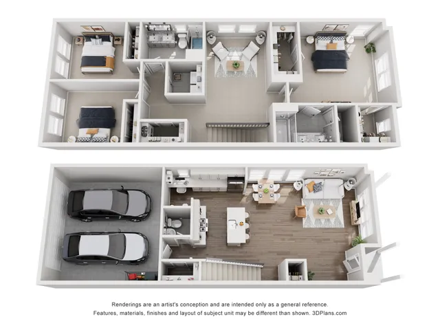 Luxurious 3D floor plan of a modern duplex with three bedrooms, stylish kitchen, cozy living room, and double garage.