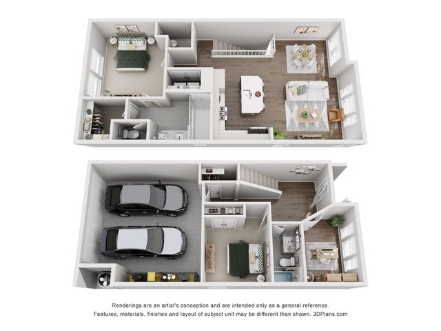 Two-story apartment floor plan with two bedrooms, spacious living room, modern kitchen, and garage.
