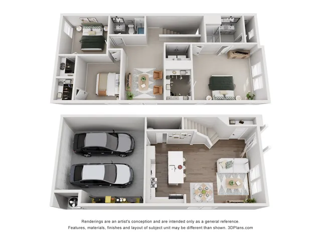 Stylish two-story duplex floor plan featuring 3 bedrooms, 2 bathrooms, a spacious living area, modern kitchen, and two-car garage.