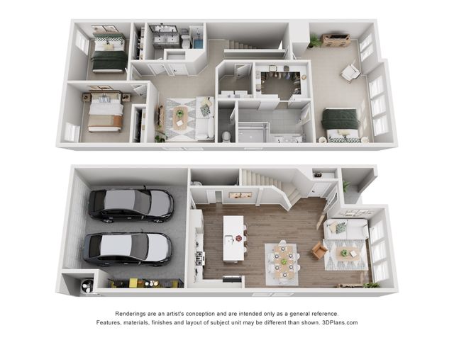 Spacious duplex floor plan featuring two bedrooms, two bathrooms, open concept living area, and double garage.