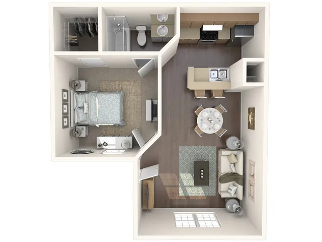 Contemporary one-bedroom apartment layout with open kitchen, cozy living room, and stylish bedroom.