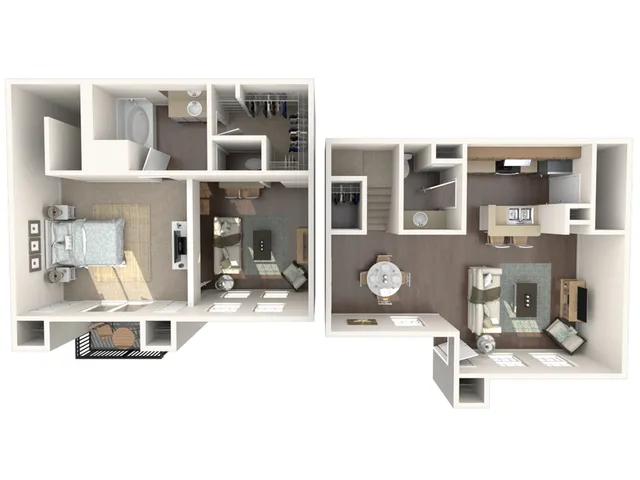 Chic two-level apartment floor plan with one bedroom, living room, kitchen, and balcony.