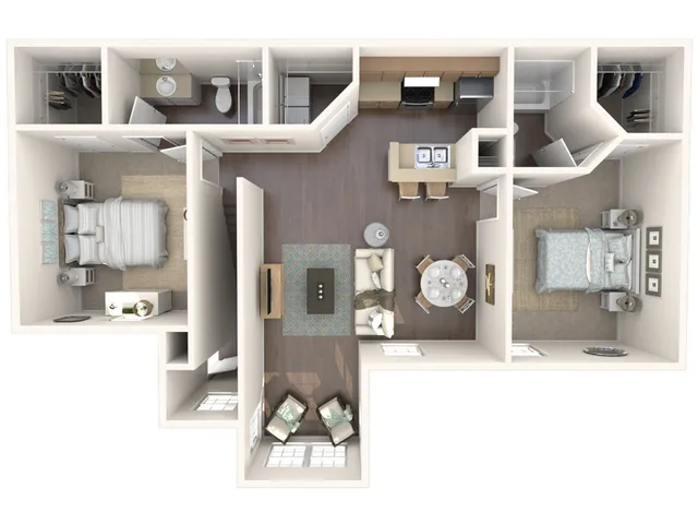 Spacious two-bedroom apartment floor plan with modern kitchen and cozy living area