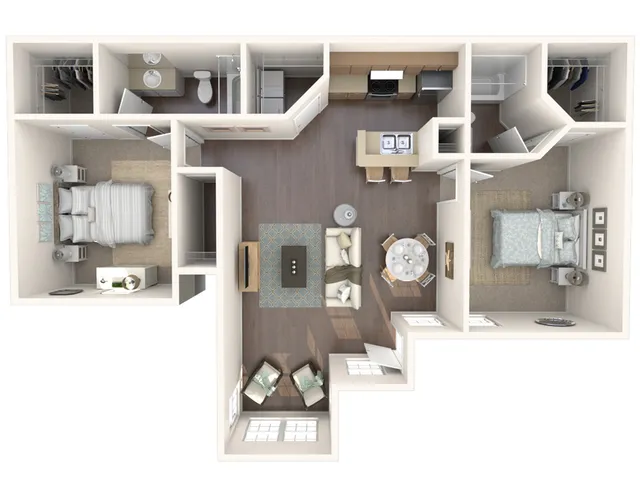 Contemporary apartment floor plan with 2 bedrooms, spacious living room, modern kitchen, and 2 bathrooms.