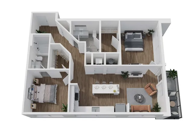 Modern two-bedroom apartment floor plan with spacious living area, kitchen, and private balcony.