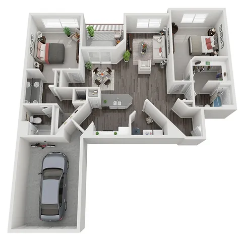 Floor plan of a modern two-bedroom apartment with a spacious living area, kitchen, and garage.