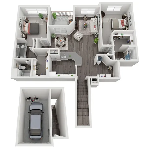 Spacious 3D floor plan of a modern two-bedroom apartment with a garage, kitchen, and living room.