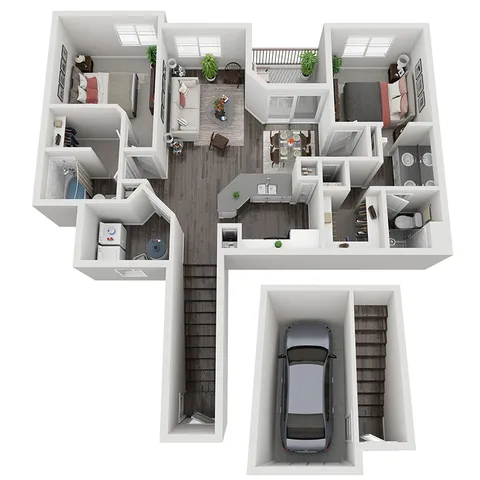 Spacious 3D floor plan of a modern two-bedroom apartment with open living area and garage.