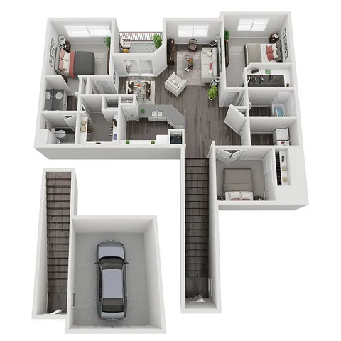 Spacious apartment floor plan with three bedrooms, living room, kitchen, and garage.