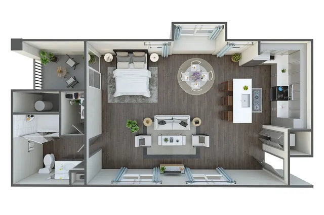 Modern one-bedroom apartment floor plan with open living area, kitchen island, spacious bathroom, and balcony.
