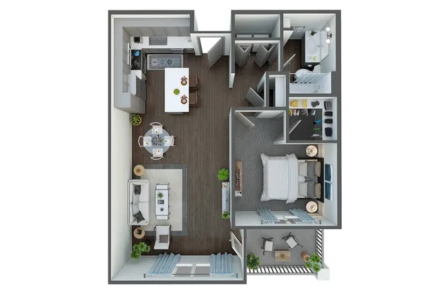 Spacious one-bedroom apartment floor plan with open kitchen, stylish living room, and cozy balcony seating.