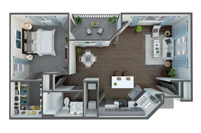 Spacious luxury apartment floor plan featuring one bedroom, open living area, modern kitchen, and balcony.