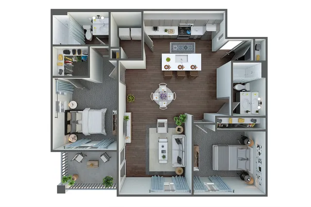 Modern two-bedroom apartment floor plan with spacious living area and balcony