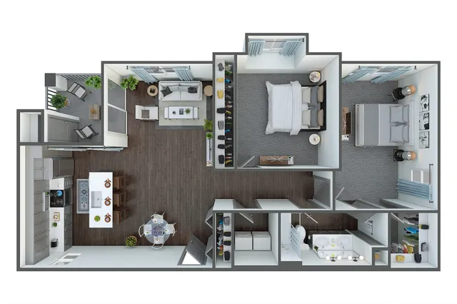 Spacious apartment floor plan featuring two bedrooms, open-plan kitchen, and cozy living room.
