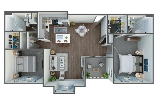 Stunning floor plan of a modern two-bedroom apartment with open concept living room, dining area, and kitchen.
