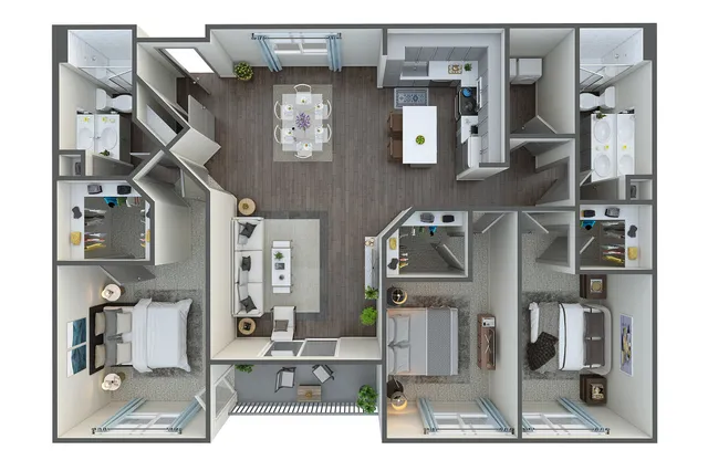 Elegant floor plan featuring two bedrooms, two bathrooms, modern kitchen, and airy living room with a balcony.