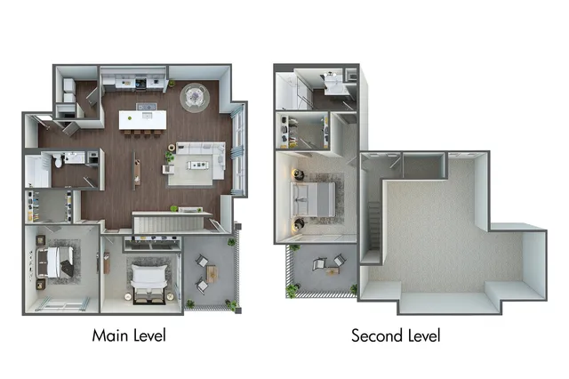 Stylish duplex floor plan featuring spacious living areas, two bedrooms, modern kitchen, and expansive balconies on main and second levels.