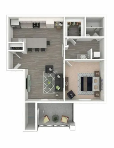 Modern one-bedroom apartment floor plan with open kitchen, spacious living area, and balcony.