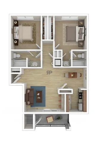 Modern apartment floor plan with 2 bedrooms, spacious living area, and open kitchen layout.