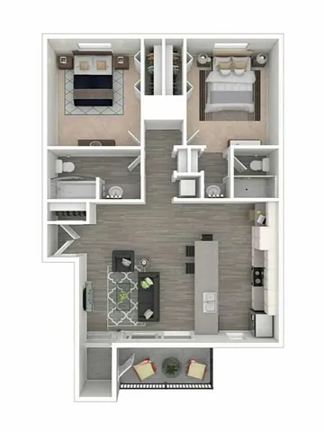 Spacious urban apartment floor plan featuring two bedrooms, two bathrooms, a modern kitchen, and an inviting living room with a balcony.
