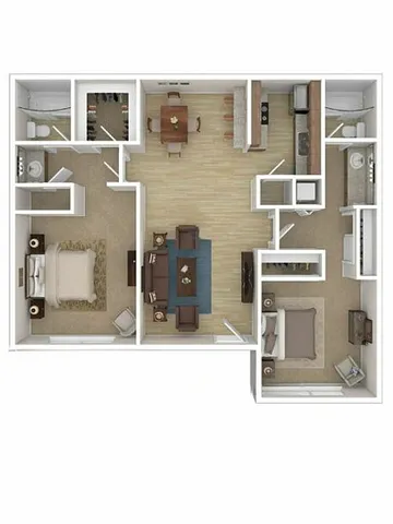 Modern floor plan showcasing a spacious two-bedroom apartment with a kitchen, living area, and two bathrooms.