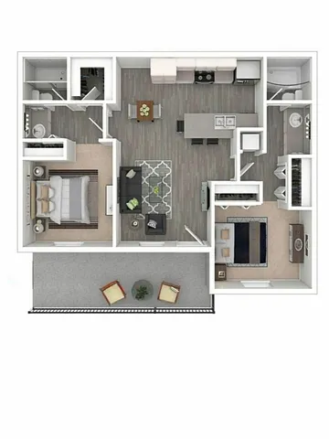 Modern open-plan apartment floor plan with two bedrooms, a spacious living room, kitchen with island, two bathrooms, and a large balcony.