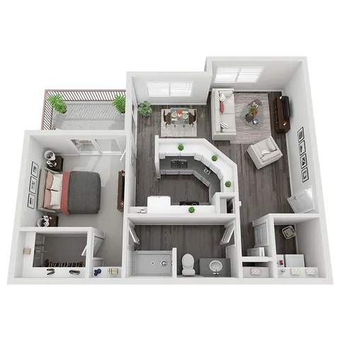 Chic 1-bedroom open floor plan with spacious balcony, stylish kitchen, dining area, and cozy living room.