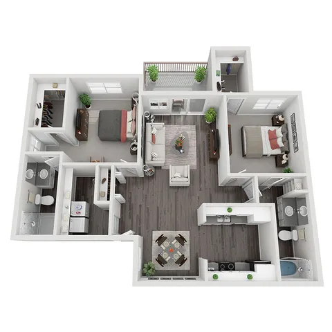 Top view of a modern and spacious two-bedroom apartment floor plan featuring a cozy living room, fully equipped kitchen, two bathrooms, and a balcony with greenery.