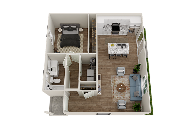 Spacious one-bedroom apartment layout with modern kitchen and open living area.