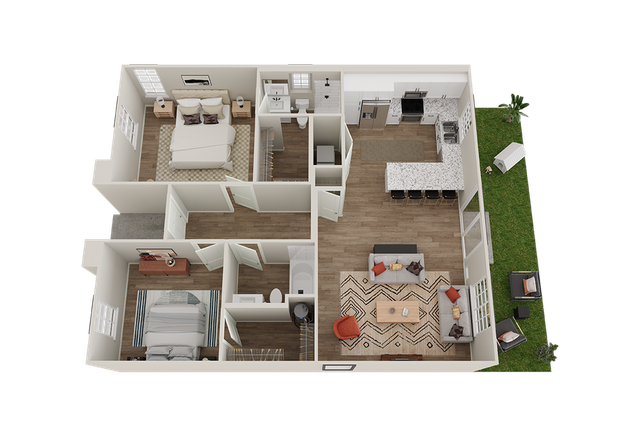 Modern 3D floor plan showcasing a spacious two-bedroom apartment with open living area, modern kitchen, and private garden.