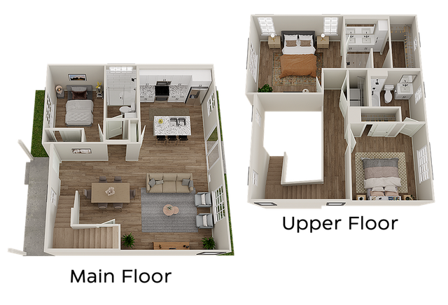 Spacious two-story apartment floor plan featuring two bedrooms, open-concept living and dining area, modern kitchen, and bathrooms.