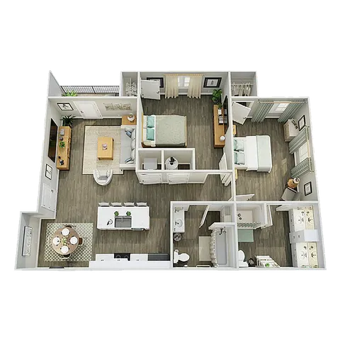 3D floor plan showcasing two bedrooms, an airy living space, modern kitchen, and dual bathrooms.