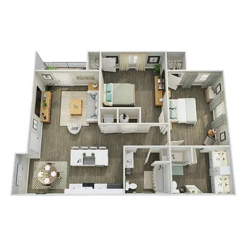 3D floor plan of an elegant apartment featuring two bedrooms, a modern kitchen, and a cozy living room.