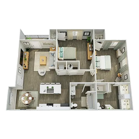 3D floor plan displaying 2 bedrooms, open living area, dining room, and modern kitchen layout.