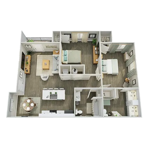 Sophisticated 3D floor plan showcasing two bedrooms, a spacious living area, and a modern kitchen.