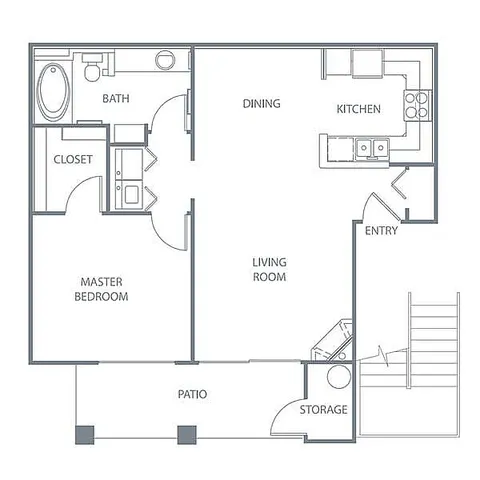 Elegant 2D floor plan featuring a master bedroom, spacious living and dining area, kitchen, and patio.