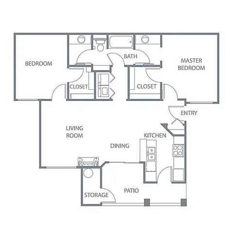 Elegant floor plan featuring 2 spacious bedrooms, a modern kitchen, and a cozy living room with patio access.