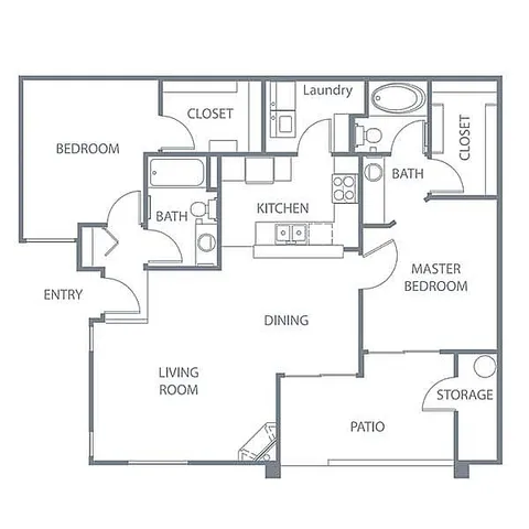 Contemporary 2D floor plan featuring 2 bedrooms, a living area, and an outdoor patio space.