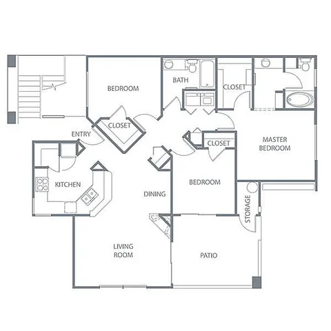 Elegant floor plan showcasing 3 bedrooms, a master suite, open kitchen, and inviting living area with patio access.