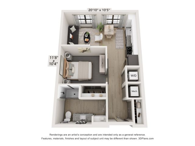 Stylish 3D floor plan of a one-bedroom apartment with an open living area, modern kitchen, and bathroom.