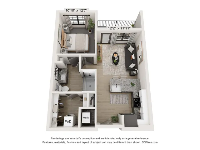 3D floor plan depicting a one-bedroom apartment with an open living area, kitchen, and private balcony.