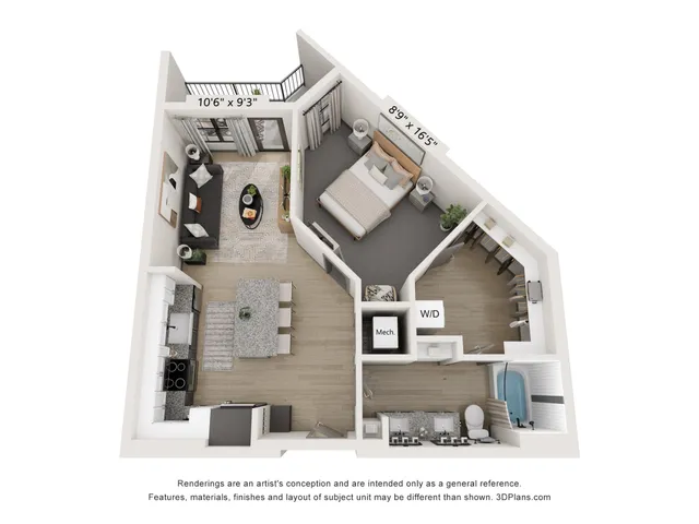 Sleek 3D floor plan featuring a spacious one-bedroom apartment with an open-concept living area and modern kitchen.