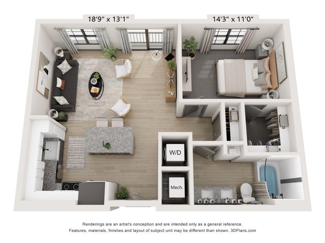 3D floor plan showing an open-concept living area with a kitchen, one bedroom, bathroom, and laundry space.