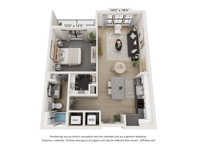 3D floor plan showcasing a one-bedroom apartment with open living and dining space, modern kitchen, and private balcony.