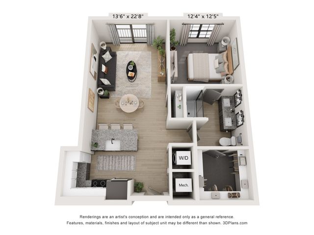 3D floor plan of a stylish one-bedroom apartment with a spacious living area and modern kitchen.